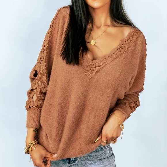 sweater vneck super soft caramel . small. Lace up sleeves. Long sleeve - Picture 1 of 10
